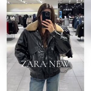 Zara Black Shiny Faux Fut Leather Bomber Jacket with Tan faux Fur Collar M L NWT